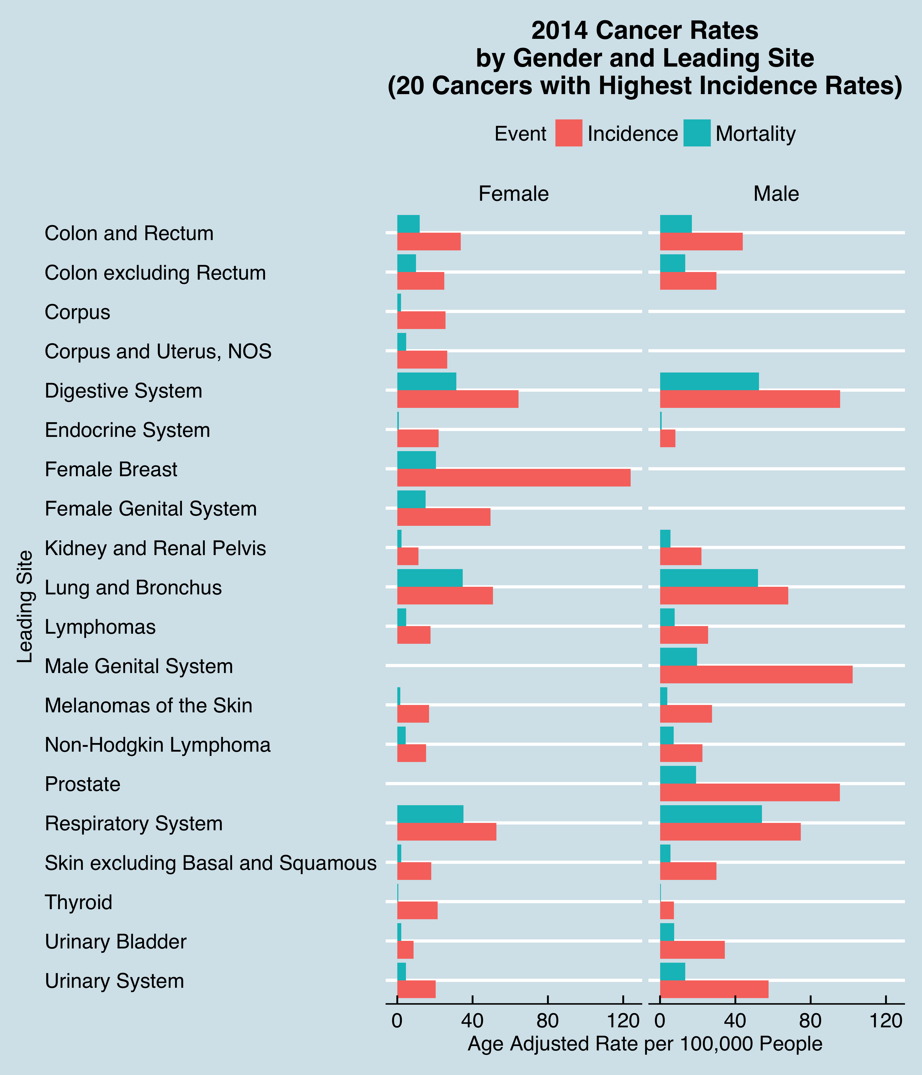 ggplot2 Cancer by Gender and Leading Site